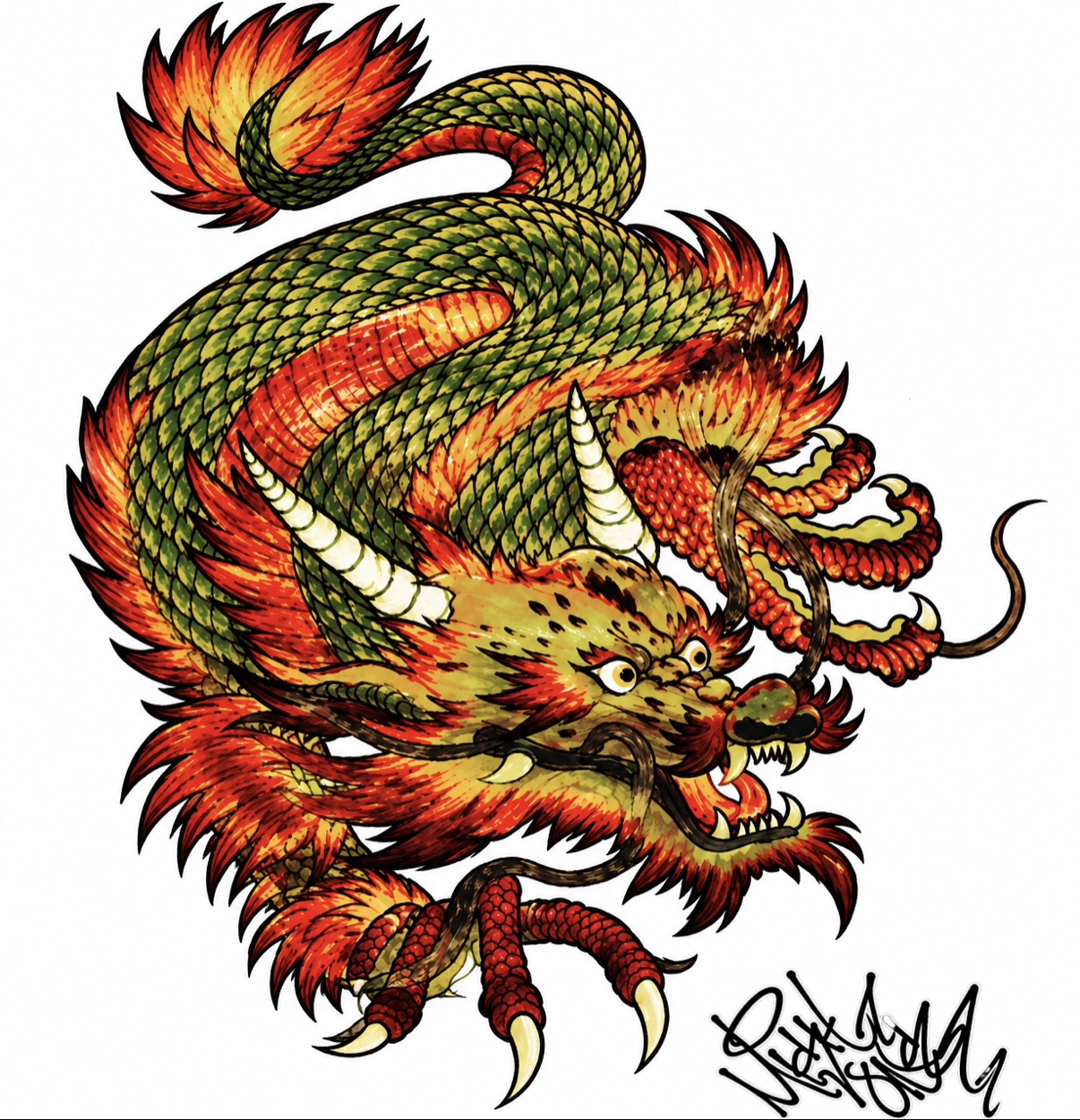 Red, green and gold dragon illustration