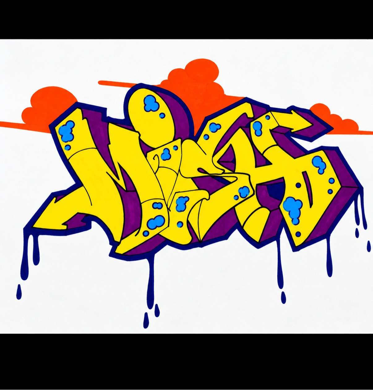 MISH throwie in yellow and purple with paint drips