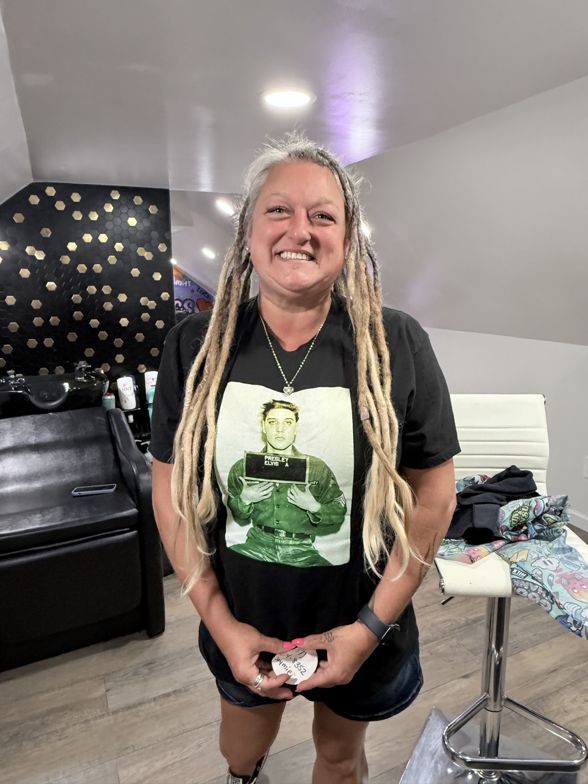 Client with long blonde locs in the studio